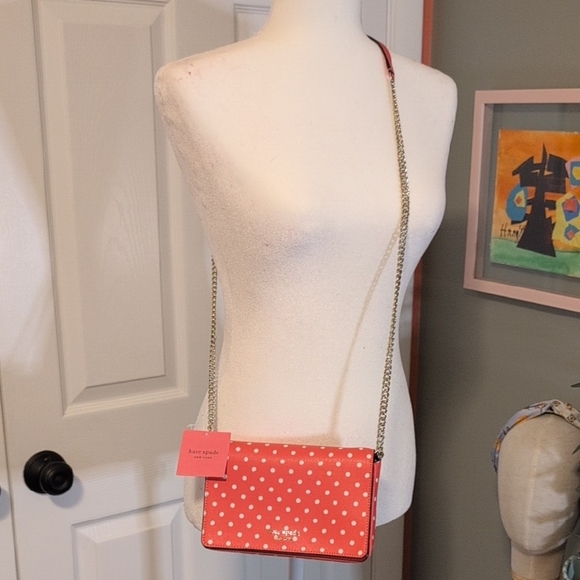 Coral Pink Kate Spade Spencer Polka Dots Crossbody Wallet on Gold Chain NWT - Picture 1 of 10